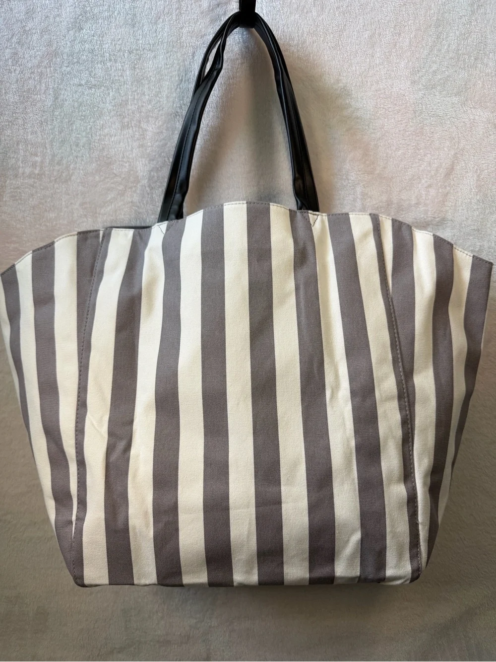 Victoria's Secret Gray and White Striped Canvas Tote with Black Handles NWT